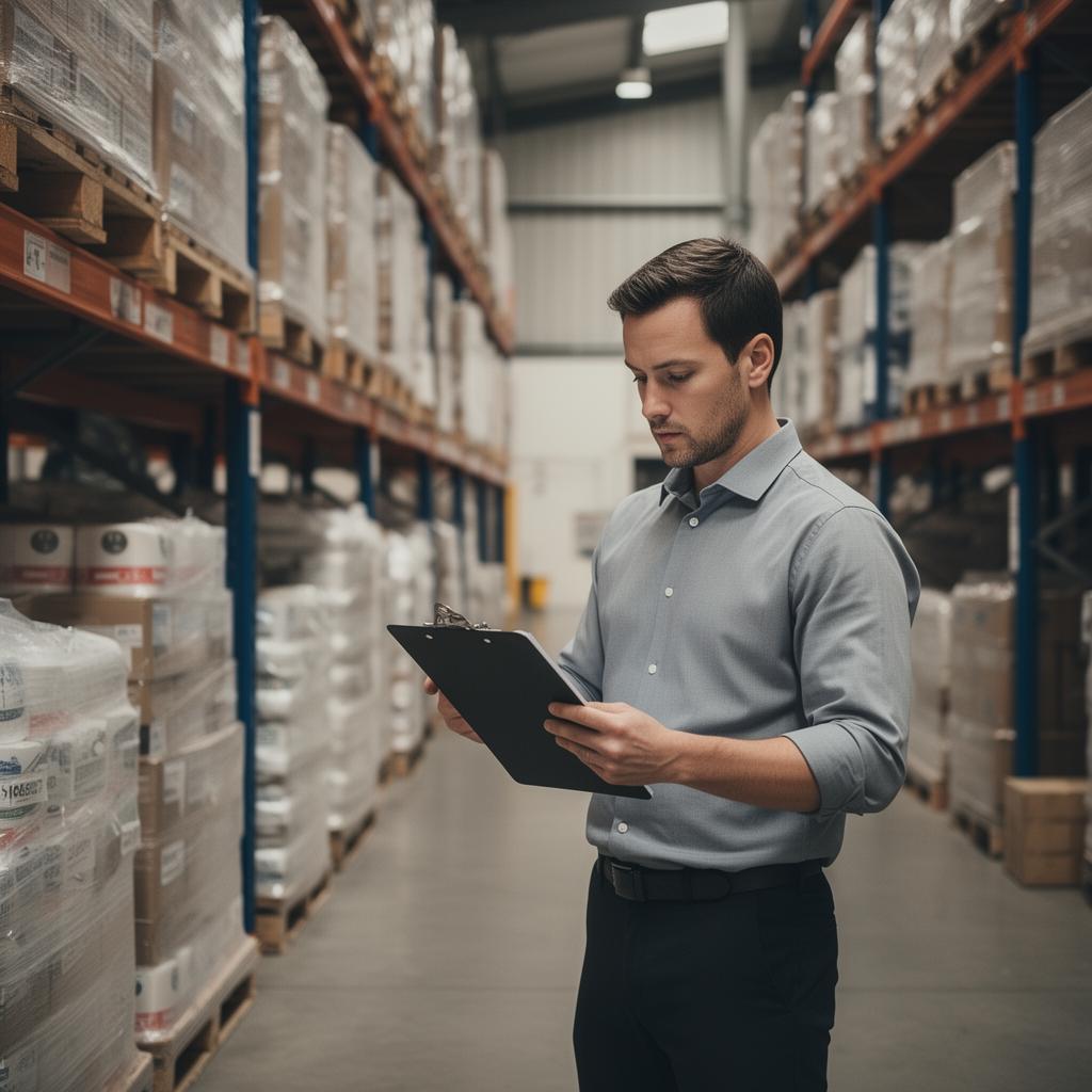 Operations manager reviewing inventory in a warehouse
