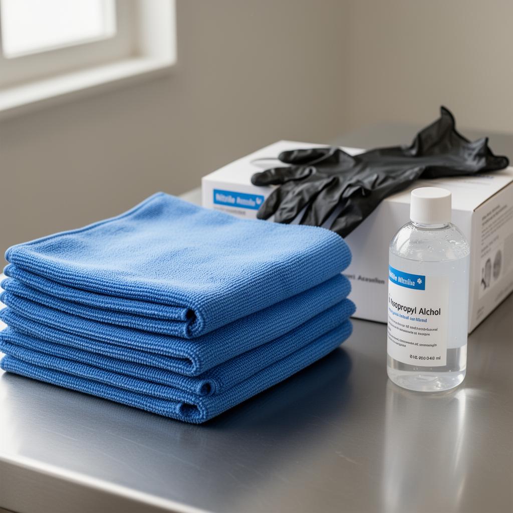 Microfiber towels, nitrile gloves, and isopropyl alcohol on a clean steel surface