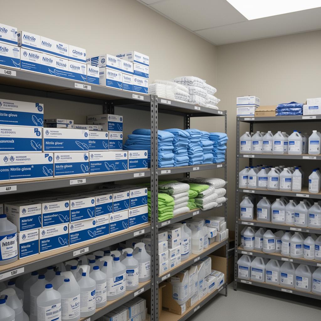 Organized supply room with stacked nitrile glove boxes and microfiber towels